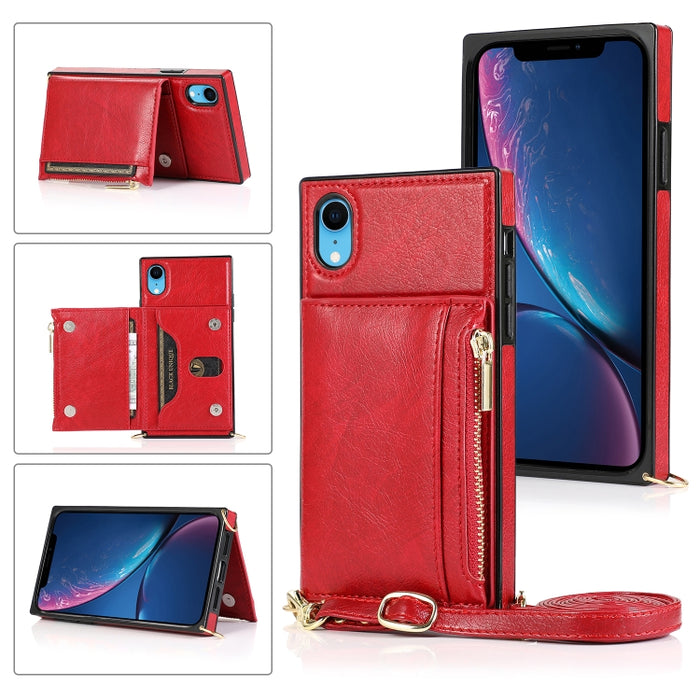 Funda cuadrada con cremallera para billetera TPU + PU Funda con soporte y ranuras para tarjetas y billetera y correa cruzada