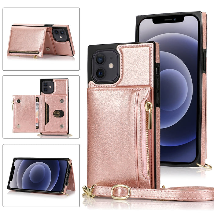 Funda cuadrada con cremallera para billetera TPU + PU Funda con soporte y ranuras para tarjetas y billetera y correa cruzada