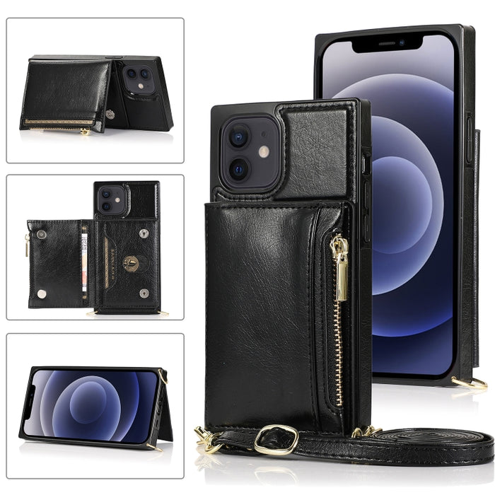 Funda cuadrada con cremallera para billetera TPU + PU Funda con soporte y ranuras para tarjetas y billetera y correa cruzada
