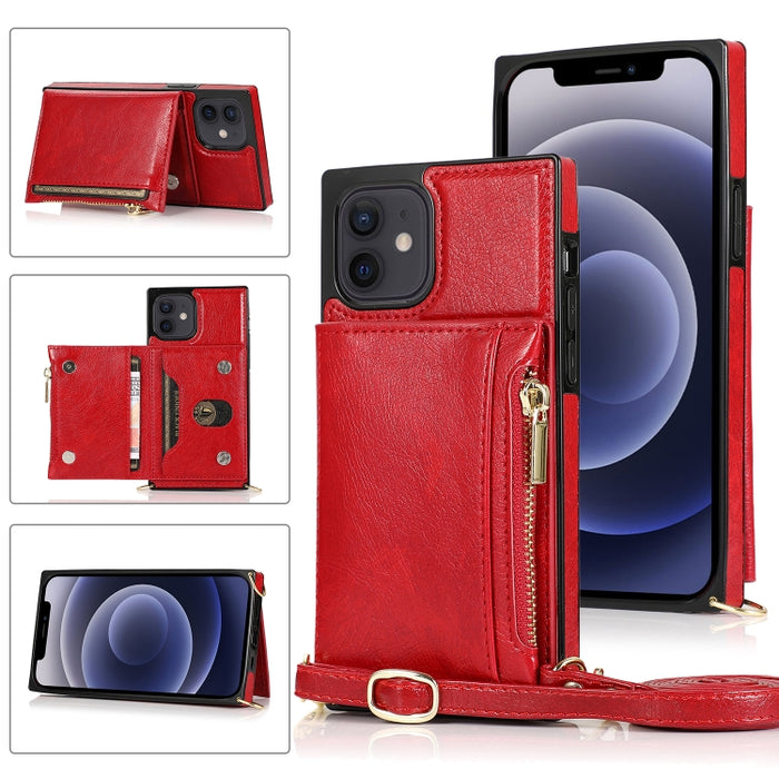 Funda cuadrada con cremallera para billetera TPU + PU Funda con soporte y ranuras para tarjetas y billetera y correa cruzada