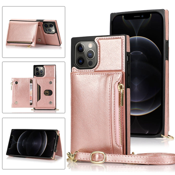 Funda cuadrada con cremallera para billetera TPU + PU Funda con soporte y ranuras para tarjetas y billetera y correa cruzada