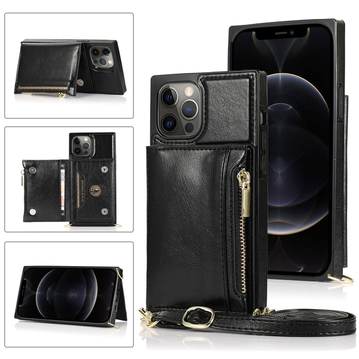 Funda cuadrada con cremallera para billetera TPU + PU Funda con soporte y ranuras para tarjetas y billetera y correa cruzada