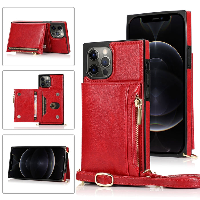 Funda cuadrada con cremallera para billetera TPU + PU Funda con soporte y ranuras para tarjetas y billetera y correa cruzada