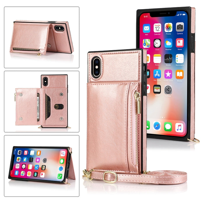 Funda cuadrada con cremallera para billetera TPU + PU Funda con soporte y ranuras para tarjetas y billetera y correa cruzada