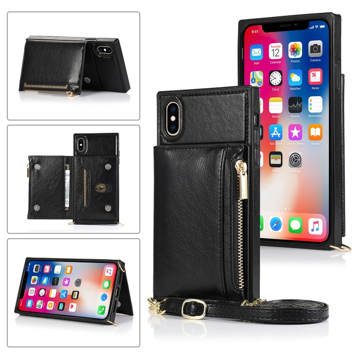 Funda cuadrada con cremallera para billetera TPU + PU Funda con soporte y ranuras para tarjetas y billetera y correa cruzada