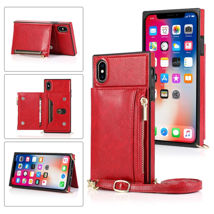 Funda cuadrada con cremallera para billetera TPU + PU Funda con soporte y ranuras para tarjetas y billetera y correa cruzada