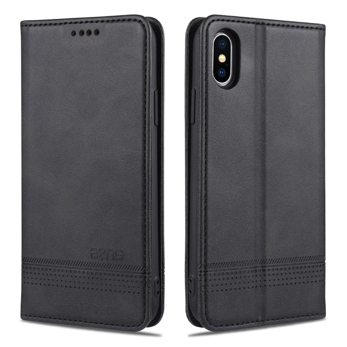 AZNS Estuche de cuero con tapa horizontal con textura de becerro magnético con ranuras para tarjetas y soporte y billetera