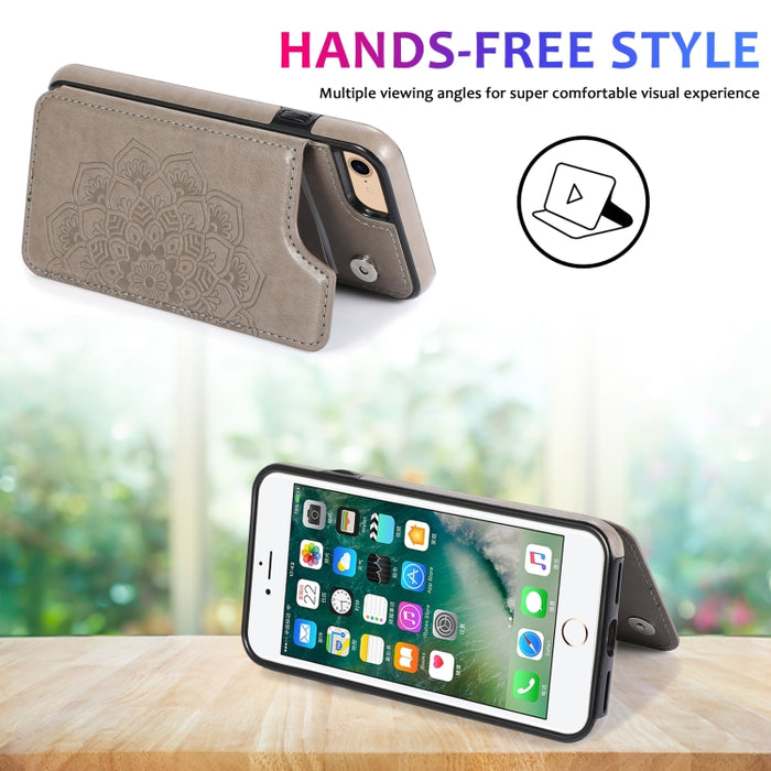 Estuche protector de PU + TPU con patrón de mandala de doble hebilla con ranuras para tarjetas y soporte y marco de fotos, For iPhone SE 2022 / SE 2020 / 8 / 7, For iPhone 7 Plus / 8 Plus, For iPhone X / XS, For iPhone XR, For iPhone XS Max, For iPhone...