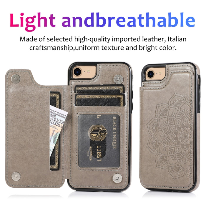 Estuche protector de PU + TPU con patrón de mandala de doble hebilla con ranuras para tarjetas y soporte y marco de fotos, For iPhone SE 2022 / SE 2020 / 8 / 7, For iPhone 7 Plus / 8 Plus, For iPhone X / XS, For iPhone XR, For iPhone XS Max, For iPhone...