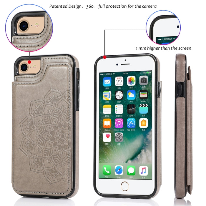 Estuche protector de PU + TPU con patrón de mandala de doble hebilla con ranuras para tarjetas y soporte y marco de fotos, For iPhone SE 2022 / SE 2020 / 8 / 7, For iPhone 7 Plus / 8 Plus, For iPhone X / XS, For iPhone XR, For iPhone XS Max, For iPhone...
