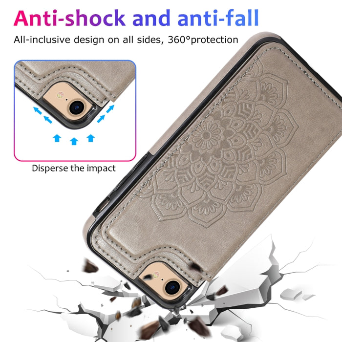 Estuche protector de PU + TPU con patrón de mandala de doble hebilla con ranuras para tarjetas y soporte y marco de fotos, For iPhone SE 2022 / SE 2020 / 8 / 7, For iPhone 7 Plus / 8 Plus, For iPhone X / XS, For iPhone XR, For iPhone XS Max, For iPhone...