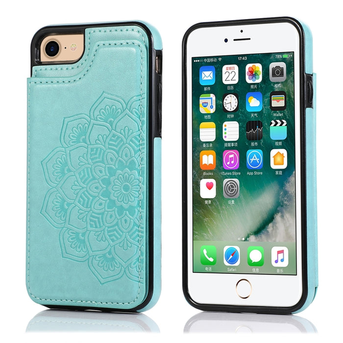 Estuche protector de PU + TPU con patrón de mandala de doble hebilla con ranuras para tarjetas y soporte y marco de fotos, For iPhone SE 2022 / SE 2020 / 8 / 7, For iPhone 7 Plus / 8 Plus, For iPhone X / XS, For iPhone XR, For iPhone XS Max, For iPhone...