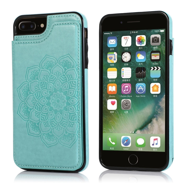 Estuche protector de PU + TPU con patrón de mandala de doble hebilla con ranuras para tarjetas y soporte y marco de fotos, For iPhone SE 2022 / SE 2020 / 8 / 7, For iPhone 7 Plus / 8 Plus, For iPhone X / XS, For iPhone XR, For iPhone XS Max, For iPhone...