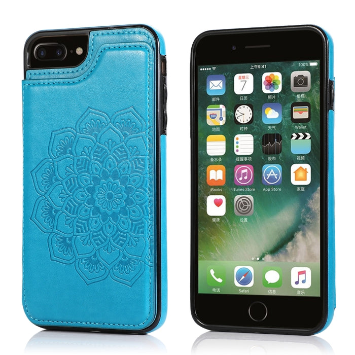 Estuche protector de PU + TPU con patrón de mandala de doble hebilla con ranuras para tarjetas y soporte y marco de fotos, For iPhone SE 2022 / SE 2020 / 8 / 7, For iPhone 7 Plus / 8 Plus, For iPhone X / XS, For iPhone XR, For iPhone XS Max, For iPhone...