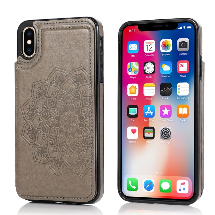 Estuche protector de PU + TPU con patrón de mandala de doble hebilla con ranuras para tarjetas y soporte y marco de fotos, For iPhone SE 2022 / SE 2020 / 8 / 7, For iPhone 7 Plus / 8 Plus, For iPhone X / XS, For iPhone XR, For iPhone XS Max, For iPhone...