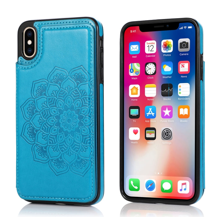 Estuche protector de PU + TPU con patrón de mandala de doble hebilla con ranuras para tarjetas y soporte y marco de fotos, For iPhone SE 2022 / SE 2020 / 8 / 7, For iPhone 7 Plus / 8 Plus, For iPhone X / XS, For iPhone XR, For iPhone XS Max, For iPhone...