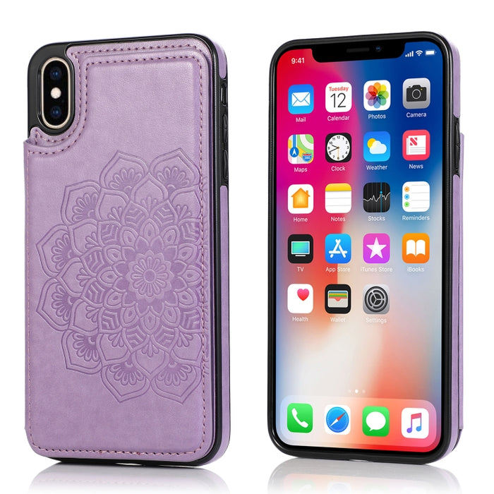 Estuche protector de PU + TPU con patrón de mandala de doble hebilla con ranuras para tarjetas y soporte y marco de fotos, For iPhone SE 2022 / SE 2020 / 8 / 7, For iPhone 7 Plus / 8 Plus, For iPhone X / XS, For iPhone XR, For iPhone XS Max, For iPhone...