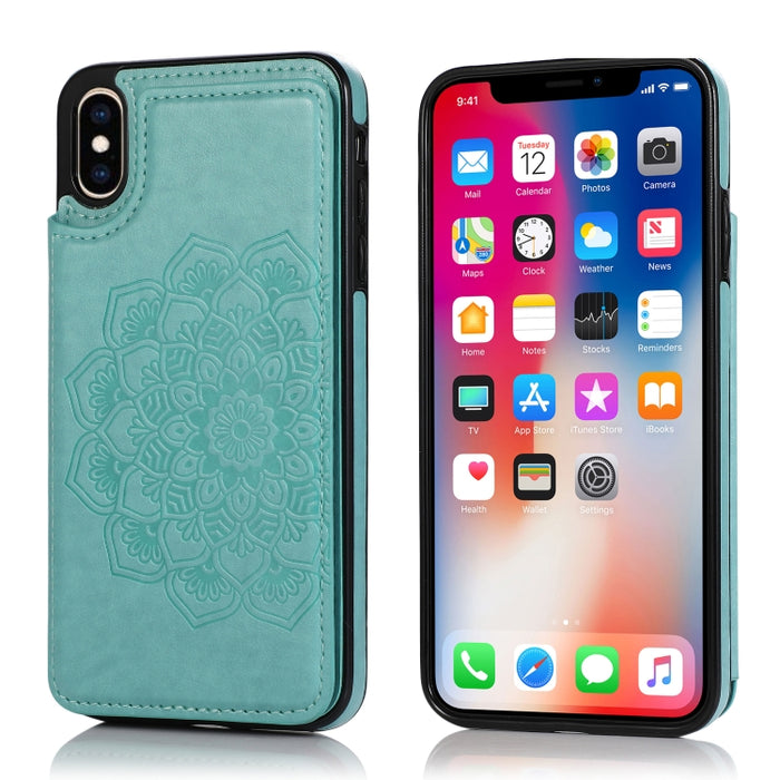 Estuche protector de PU + TPU con patrón de mandala de doble hebilla con ranuras para tarjetas y soporte y marco de fotos, For iPhone SE 2022 / SE 2020 / 8 / 7, For iPhone 7 Plus / 8 Plus, For iPhone X / XS, For iPhone XR, For iPhone XS Max, For iPhone...