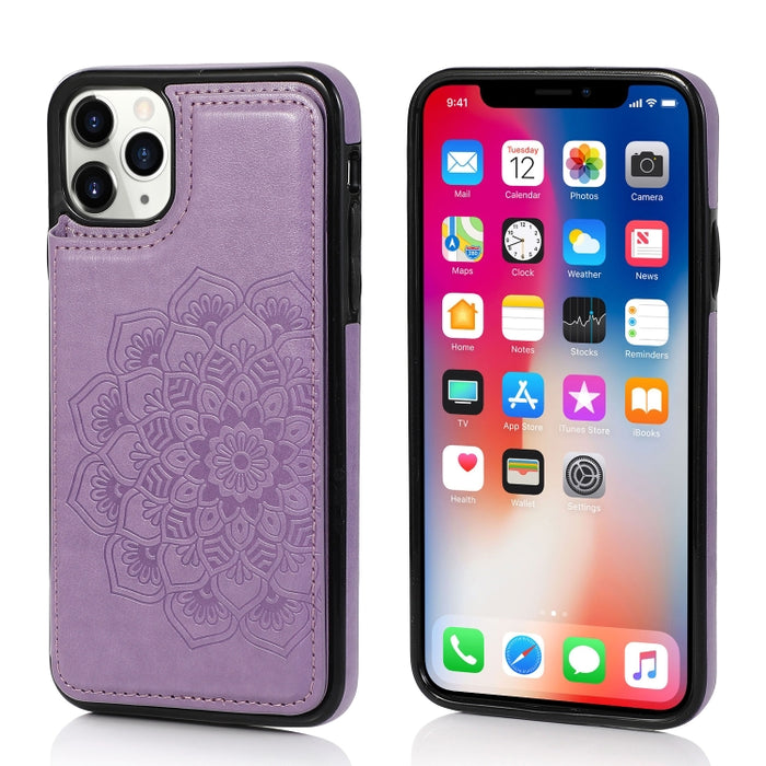 Estuche protector de PU + TPU con patrón de mandala de doble hebilla con ranuras para tarjetas y soporte y marco de fotos, For iPhone SE 2022 / SE 2020 / 8 / 7, For iPhone 7 Plus / 8 Plus, For iPhone X / XS, For iPhone XR, For iPhone XS Max, For iPhone...