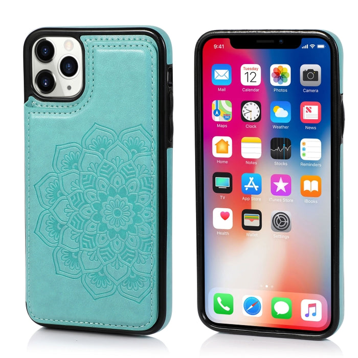 Estuche protector de PU + TPU con patrón de mandala de doble hebilla con ranuras para tarjetas y soporte y marco de fotos, For iPhone SE 2022 / SE 2020 / 8 / 7, For iPhone 7 Plus / 8 Plus, For iPhone X / XS, For iPhone XR, For iPhone XS Max, For iPhone...