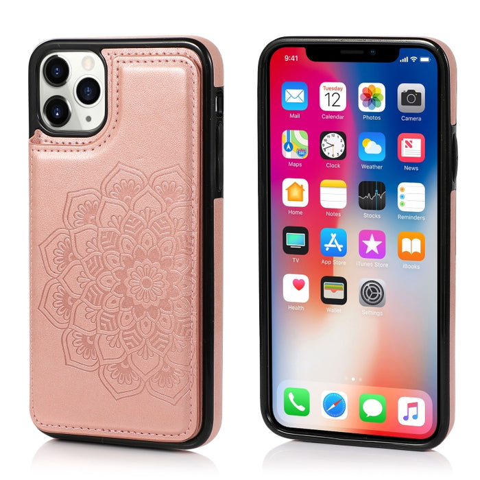 Estuche protector de PU + TPU con patrón de mandala de doble hebilla con ranuras para tarjetas y soporte y marco de fotos, For iPhone SE 2022 / SE 2020 / 8 / 7, For iPhone 7 Plus / 8 Plus, For iPhone X / XS, For iPhone XR, For iPhone XS Max, For iPhone...