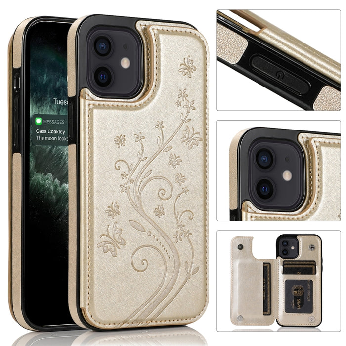 Mariposas flores doble hebilla PU + TPU funda protectora con soporte y ranuras para tarjetas y marco de fotos, For iPhone 12 mini, For iPhone 12 / 12 Pro, For iPhone 12 Pro Max