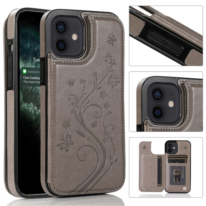 Mariposas flores doble hebilla PU + TPU funda protectora con soporte y ranuras para tarjetas y marco de fotos, For iPhone 12 mini, For iPhone 12 / 12 Pro, For iPhone 12 Pro Max