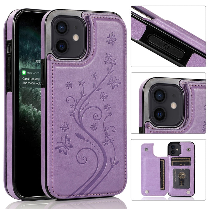 Mariposas flores doble hebilla PU + TPU funda protectora con soporte y ranuras para tarjetas y marco de fotos, For iPhone 12 mini, For iPhone 12 / 12 Pro, For iPhone 12 Pro Max
