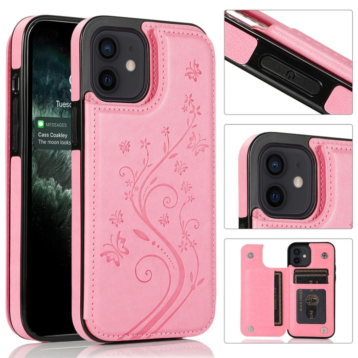 Mariposas flores doble hebilla PU + TPU funda protectora con soporte y ranuras para tarjetas y marco de fotos, For iPhone 12 mini, For iPhone 12 / 12 Pro, For iPhone 12 Pro Max