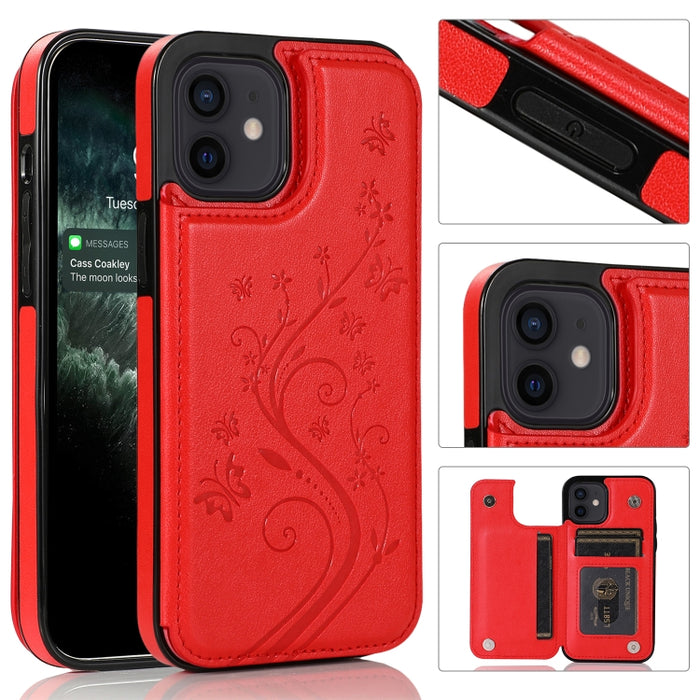 Mariposas flores doble hebilla PU + TPU funda protectora con soporte y ranuras para tarjetas y marco de fotos, For iPhone 12 mini, For iPhone 12 / 12 Pro, For iPhone 12 Pro Max