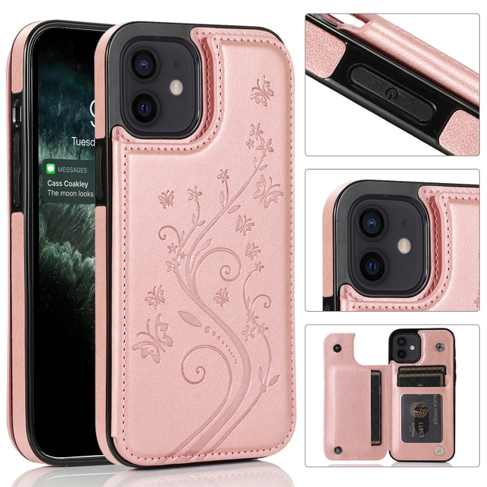 Mariposas flores doble hebilla PU + TPU funda protectora con soporte y ranuras para tarjetas y marco de fotos, For iPhone 12 mini, For iPhone 12 / 12 Pro, For iPhone 12 Pro Max
