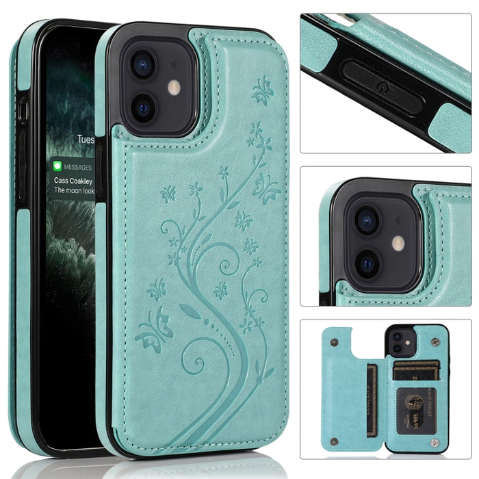 Mariposas flores doble hebilla PU + TPU funda protectora con soporte y ranuras para tarjetas y marco de fotos, For iPhone 12 mini, For iPhone 12 / 12 Pro, For iPhone 12 Pro Max