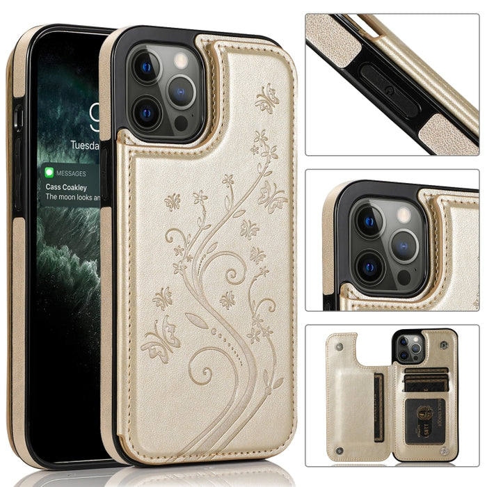 Mariposas flores doble hebilla PU + TPU funda protectora con soporte y ranuras para tarjetas y marco de fotos, For iPhone 12 mini, For iPhone 12 / 12 Pro, For iPhone 12 Pro Max