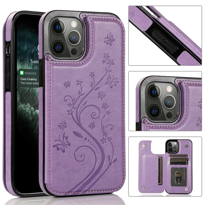 Mariposas flores doble hebilla PU + TPU funda protectora con soporte y ranuras para tarjetas y marco de fotos, For iPhone 12 mini, For iPhone 12 / 12 Pro, For iPhone 12 Pro Max