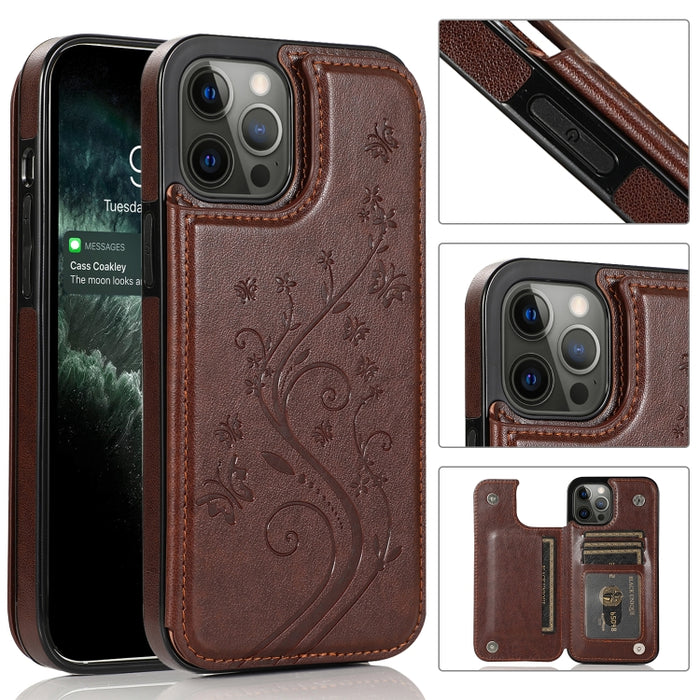 Mariposas flores doble hebilla PU + TPU funda protectora con soporte y ranuras para tarjetas y marco de fotos, For iPhone 12 mini, For iPhone 12 / 12 Pro, For iPhone 12 Pro Max