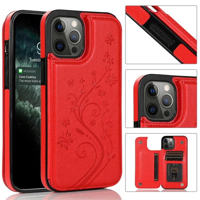 Mariposas flores doble hebilla PU + TPU funda protectora con soporte y ranuras para tarjetas y marco de fotos, For iPhone 12 mini, For iPhone 12 / 12 Pro, For iPhone 12 Pro Max