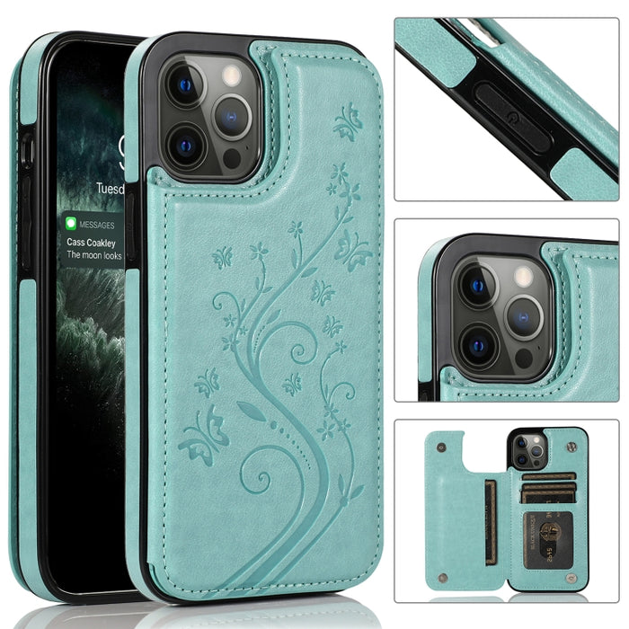 Mariposas flores doble hebilla PU + TPU funda protectora con soporte y ranuras para tarjetas y marco de fotos, For iPhone 12 mini, For iPhone 12 / 12 Pro, For iPhone 12 Pro Max