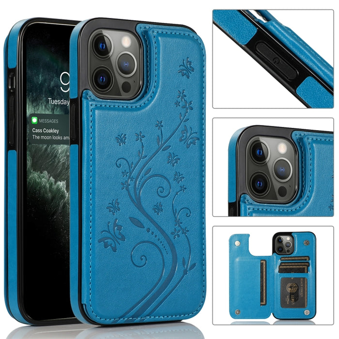 Mariposas flores doble hebilla PU + TPU funda protectora con soporte y ranuras para tarjetas y marco de fotos, For iPhone 12 mini, For iPhone 12 / 12 Pro, For iPhone 12 Pro Max