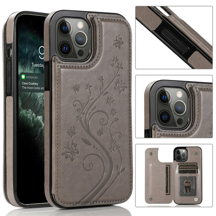 Mariposas flores doble hebilla PU + TPU funda protectora con soporte y ranuras para tarjetas y marco de fotos, For iPhone 12 mini, For iPhone 12 / 12 Pro, For iPhone 12 Pro Max