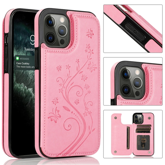 Mariposas flores doble hebilla PU + TPU funda protectora con soporte y ranuras para tarjetas y marco de fotos, For iPhone 12 mini, For iPhone 12 / 12 Pro, For iPhone 12 Pro Max