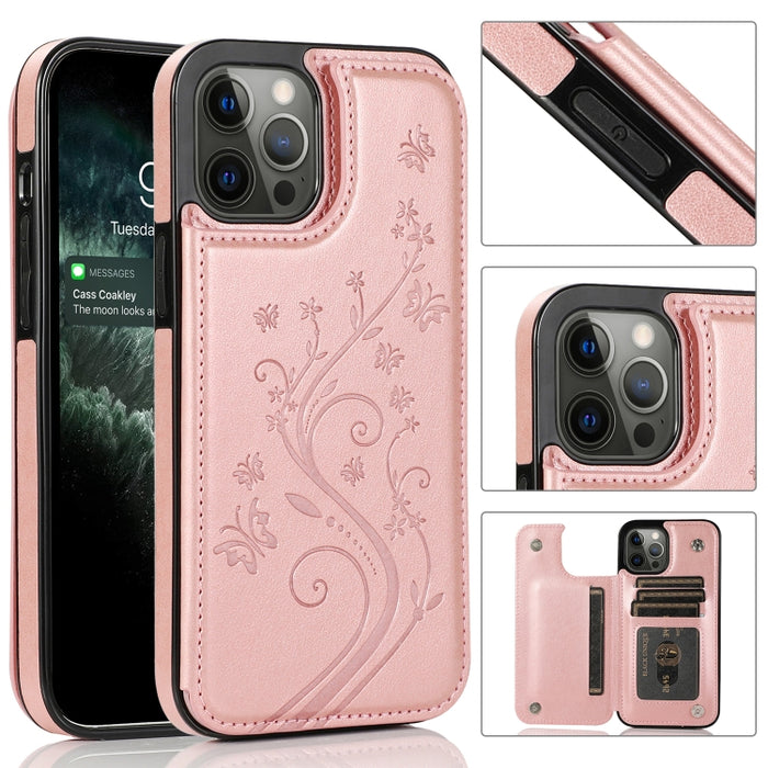 Mariposas flores doble hebilla PU + TPU funda protectora con soporte y ranuras para tarjetas y marco de fotos, For iPhone 12 mini, For iPhone 12 / 12 Pro, For iPhone 12 Pro Max