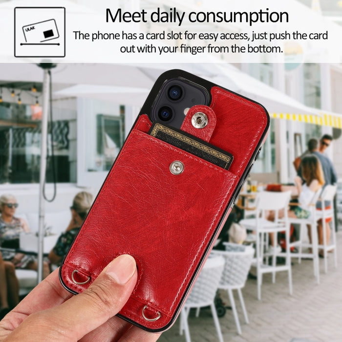 Funda protectora de cuero PU + TPU a prueba de golpes con ranura para tarjeta y cordón, For iPhone 12 mini, For iPhone 12 / 12 Pro, For iPhone 12 Pro Max