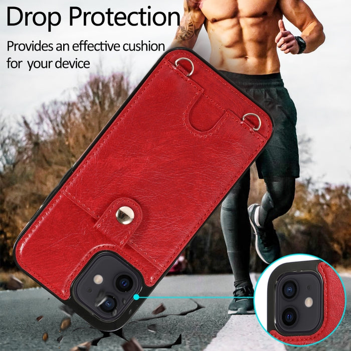 Funda protectora de cuero PU + TPU a prueba de golpes con ranura para tarjeta y cordón, For iPhone 12 mini, For iPhone 12 / 12 Pro, For iPhone 12 Pro Max