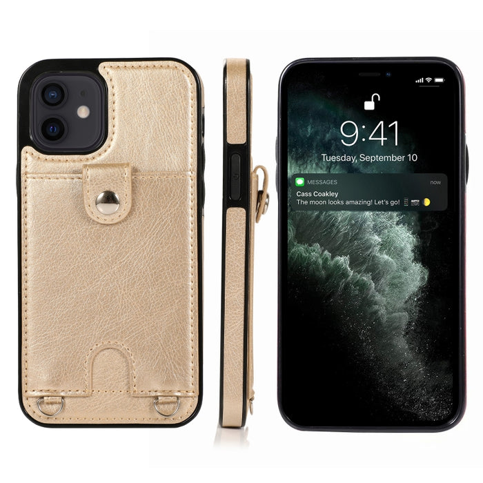 Funda protectora de cuero PU + TPU a prueba de golpes con ranura para tarjeta y cordón, For iPhone 12 mini, For iPhone 12 / 12 Pro, For iPhone 12 Pro Max