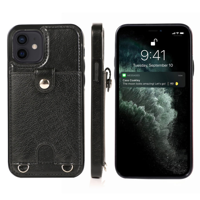 Funda protectora de cuero PU + TPU a prueba de golpes con ranura para tarjeta y cordón, For iPhone 12 mini, For iPhone 12 / 12 Pro, For iPhone 12 Pro Max