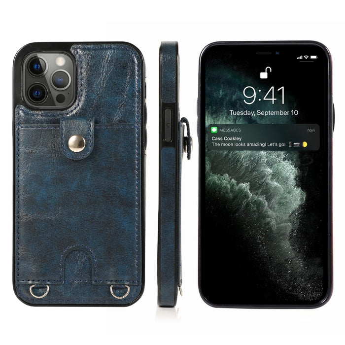 Funda protectora de cuero PU + TPU a prueba de golpes con ranura para tarjeta y cordón, For iPhone 12 mini, For iPhone 12 / 12 Pro, For iPhone 12 Pro Max