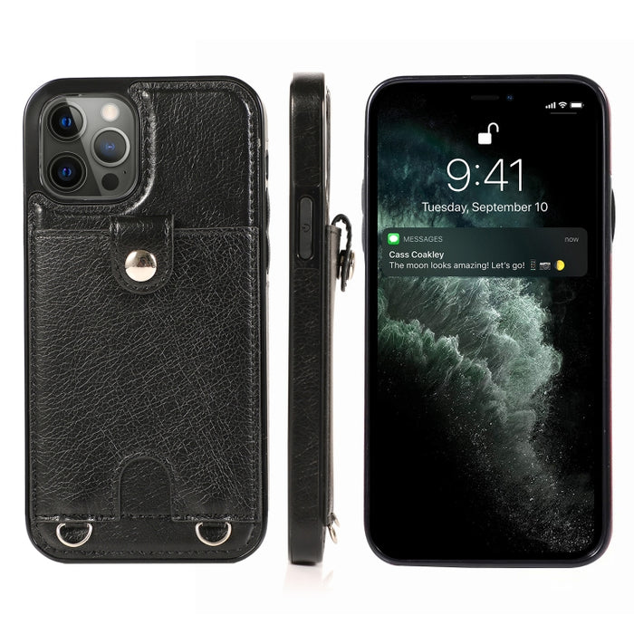 Funda protectora de cuero PU + TPU a prueba de golpes con ranura para tarjeta y cordón, For iPhone 12 mini, For iPhone 12 / 12 Pro, For iPhone 12 Pro Max