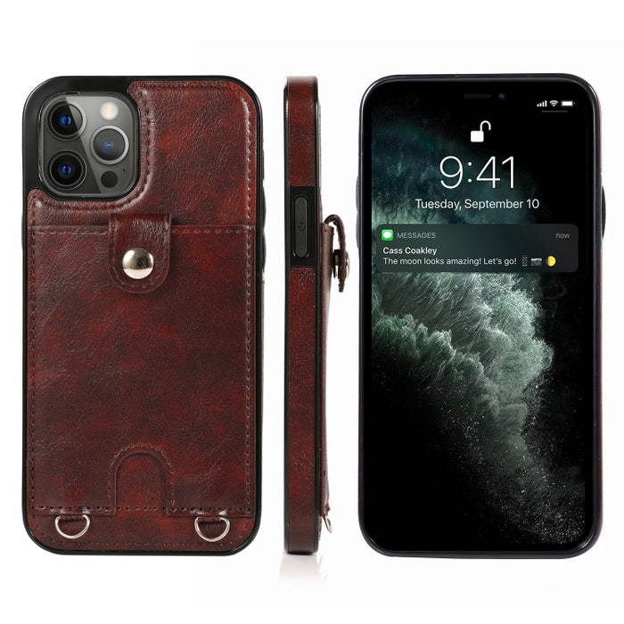 Funda protectora de cuero PU + TPU a prueba de golpes con ranura para tarjeta y cordón, For iPhone 12 mini, For iPhone 12 / 12 Pro, For iPhone 12 Pro Max