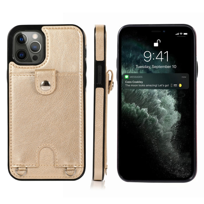 Funda protectora de cuero PU + TPU a prueba de golpes con ranura para tarjeta y cordón, For iPhone 12 mini, For iPhone 12 / 12 Pro, For iPhone 12 Pro Max