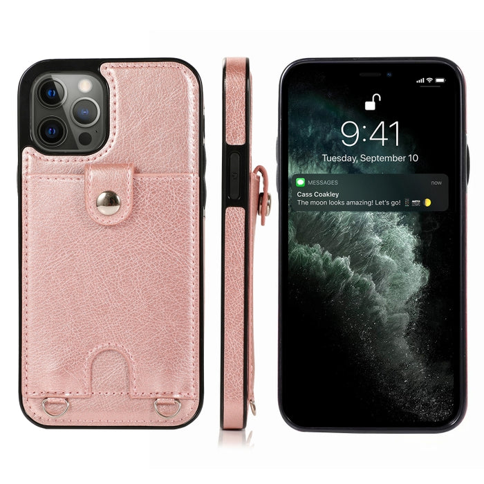 Funda protectora de cuero PU + TPU a prueba de golpes con ranura para tarjeta y cordón, For iPhone 12 mini, For iPhone 12 / 12 Pro, For iPhone 12 Pro Max